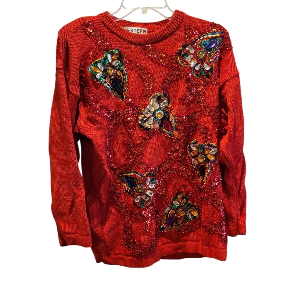 Vintage Western Connection Red Sequin Crew Neck Sweater Medium